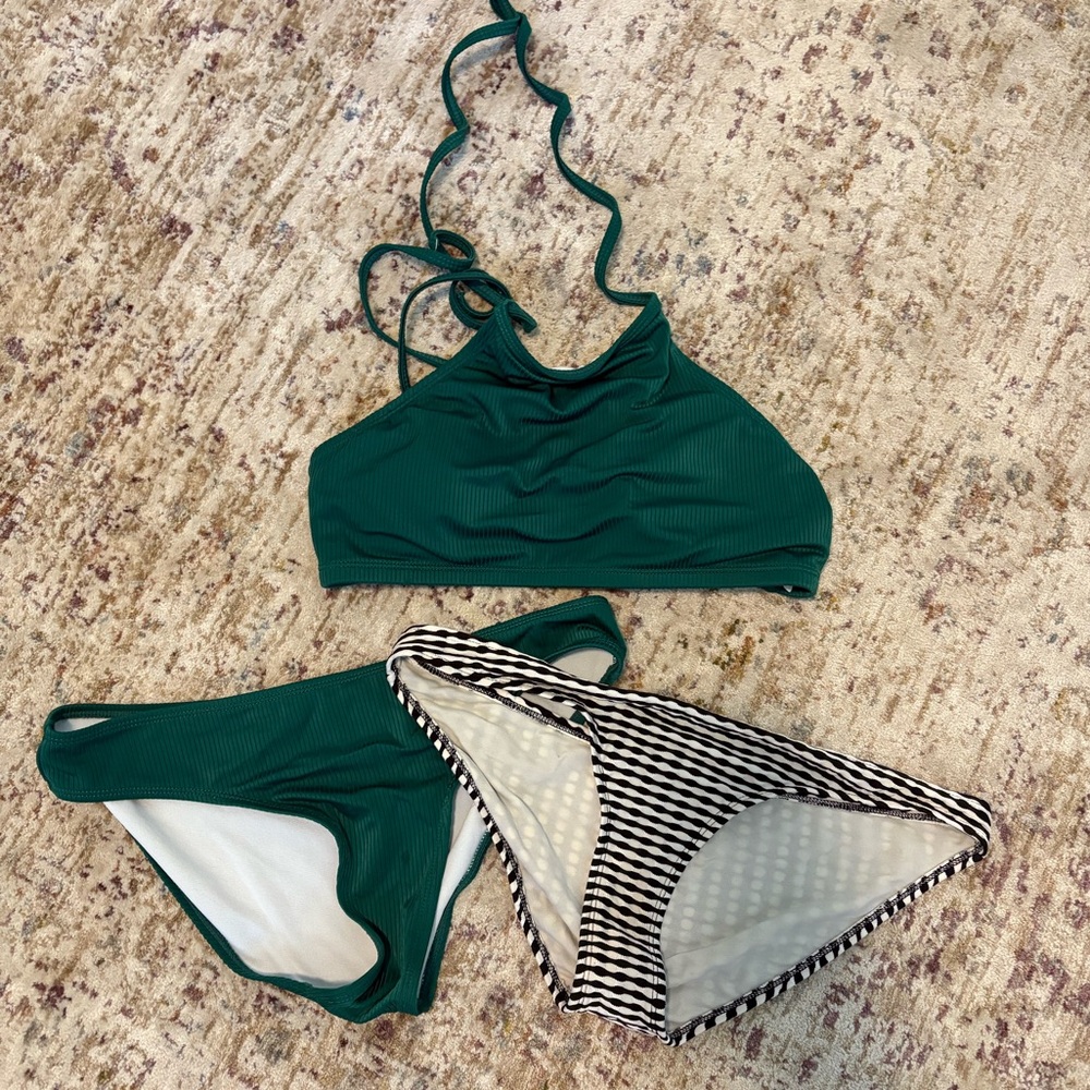 Hunter Green Halter Top Bathing/Swim Suit With Two Bottoms